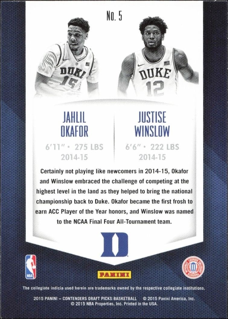 2015-16 Panini Contenders Draft Picks Jahlil Okafor #5 basketball trading card back