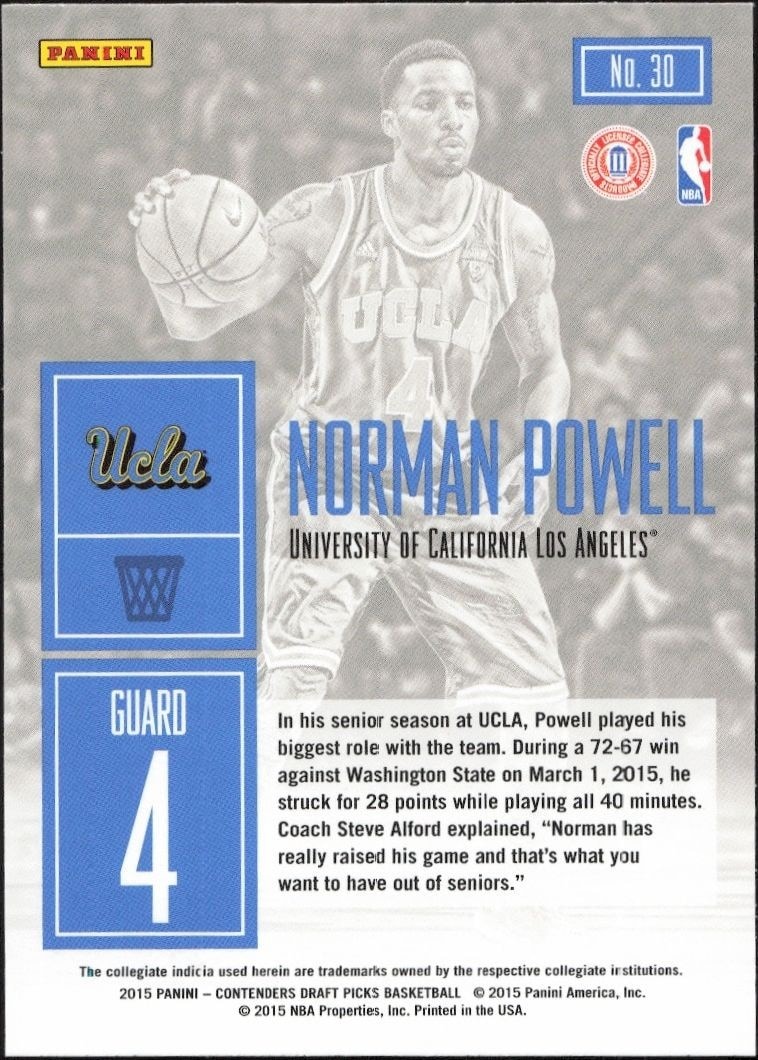 2015-16 Panini Contenders Draft Picks Norman Powell #30 basketball trading card back