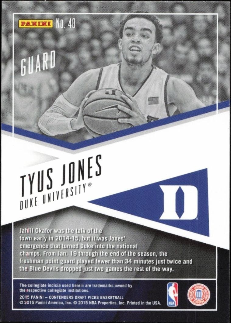 2015-16 Panini Contenders Draft Picks Tyus Jones #48 basketball trading card back