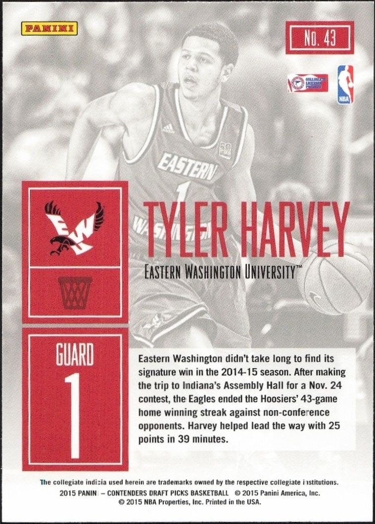 2015-16 Panini Contenders Draft Picks Tyler Harvey #43 basketball trading card back