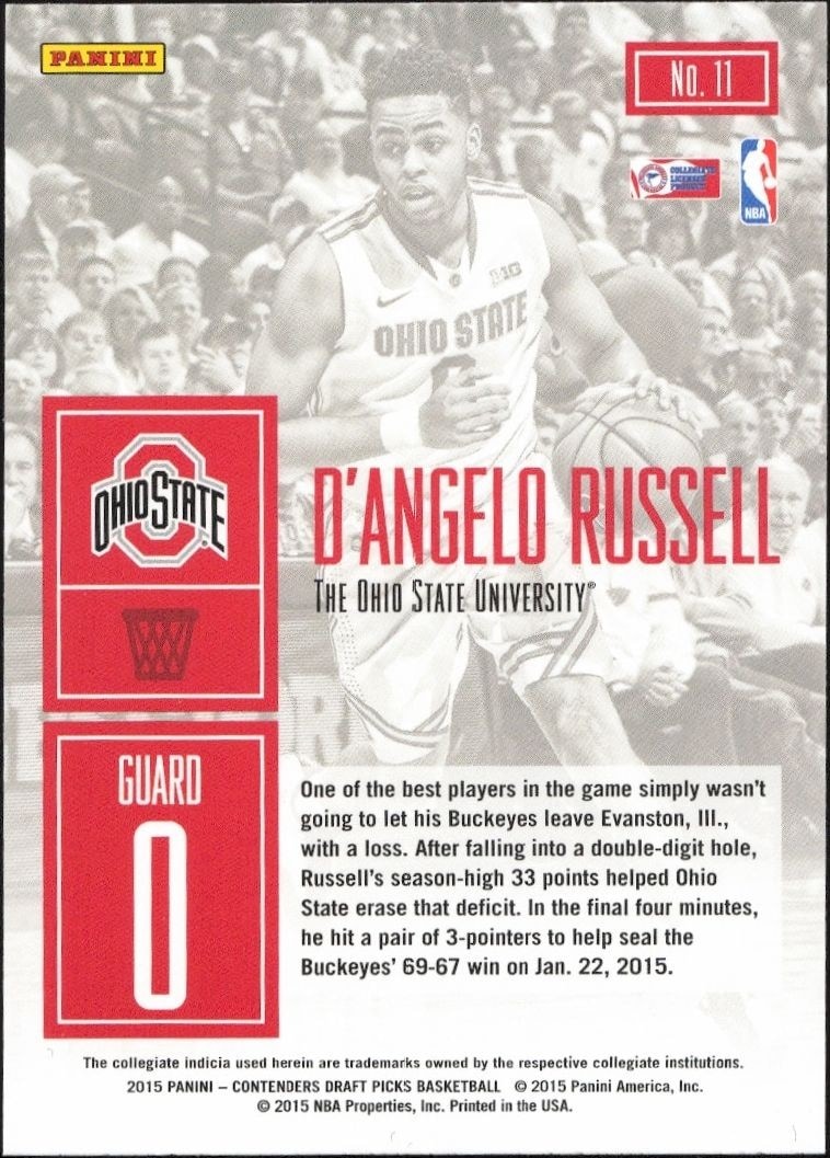 2015-16 Panini Contenders Draft Picks D'Angelo Russell #11 basketball trading card back