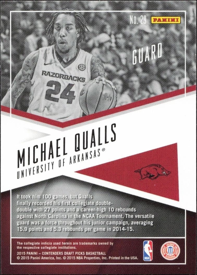 2015-16 Panini Contenders Draft Picks Michael Qualls #29 basketball trading card back