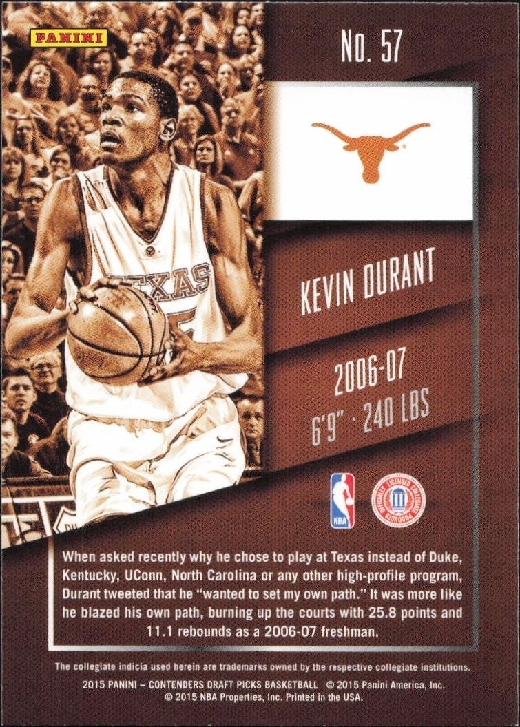 2015-16 Panini Contenders Draft Picks Kevin Durant #57 basketball trading card back