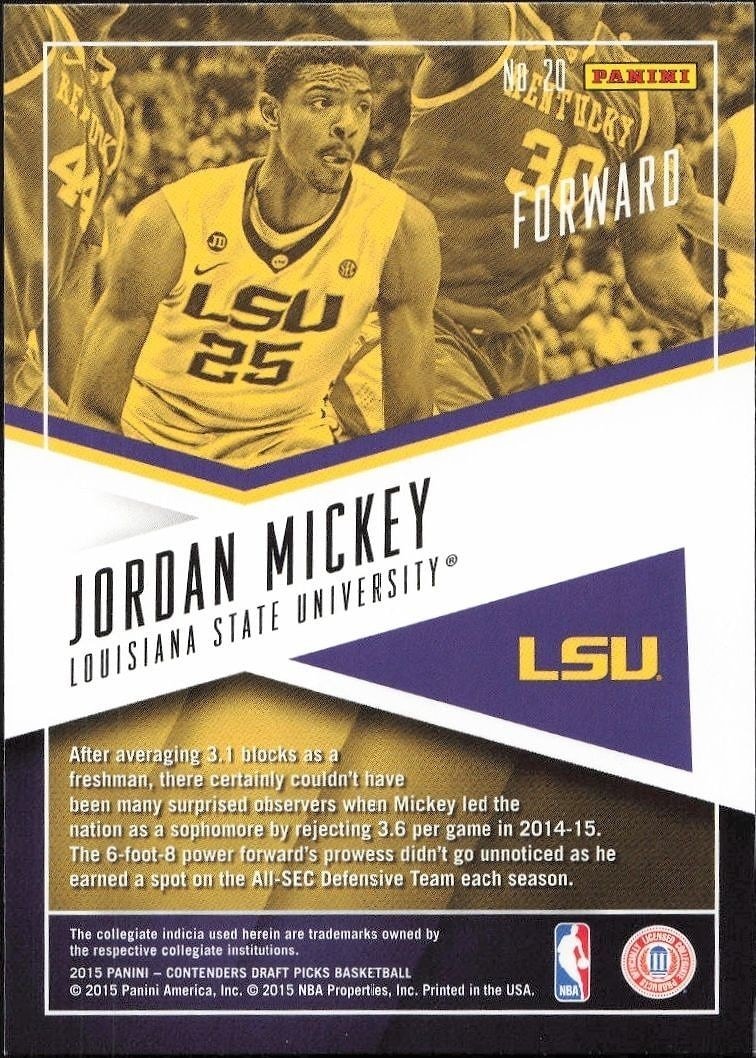 2015-16 Panini Contenders Draft Picks Jordan Mickey #20 basketball trading card back