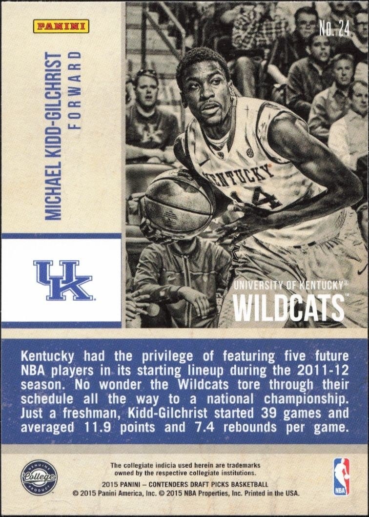 2015-16 Panini Contenders Draft Picks Michael Kidd-Gilchrist #24 basketball trading card back