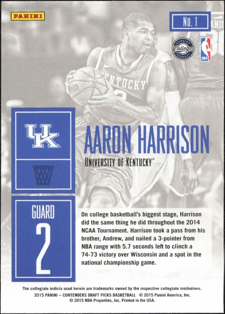 2015-16 Panini Contenders Draft Picks Aaron Harrison #1 basketball trading card back