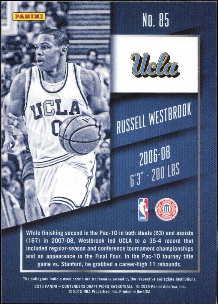 2015-16 Panini Contenders Draft Picks Russell Westbrook #85 basketball trading card back