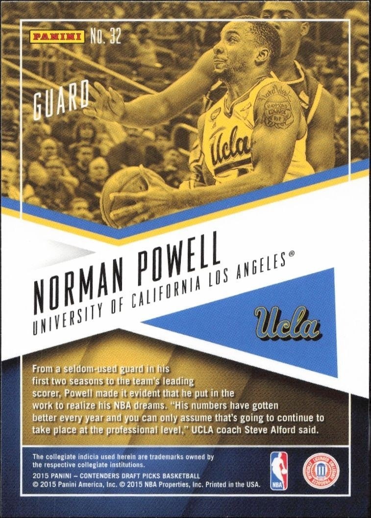 2015-16 Panini Contenders Draft Picks Norman Powell #32 basketball trading card back