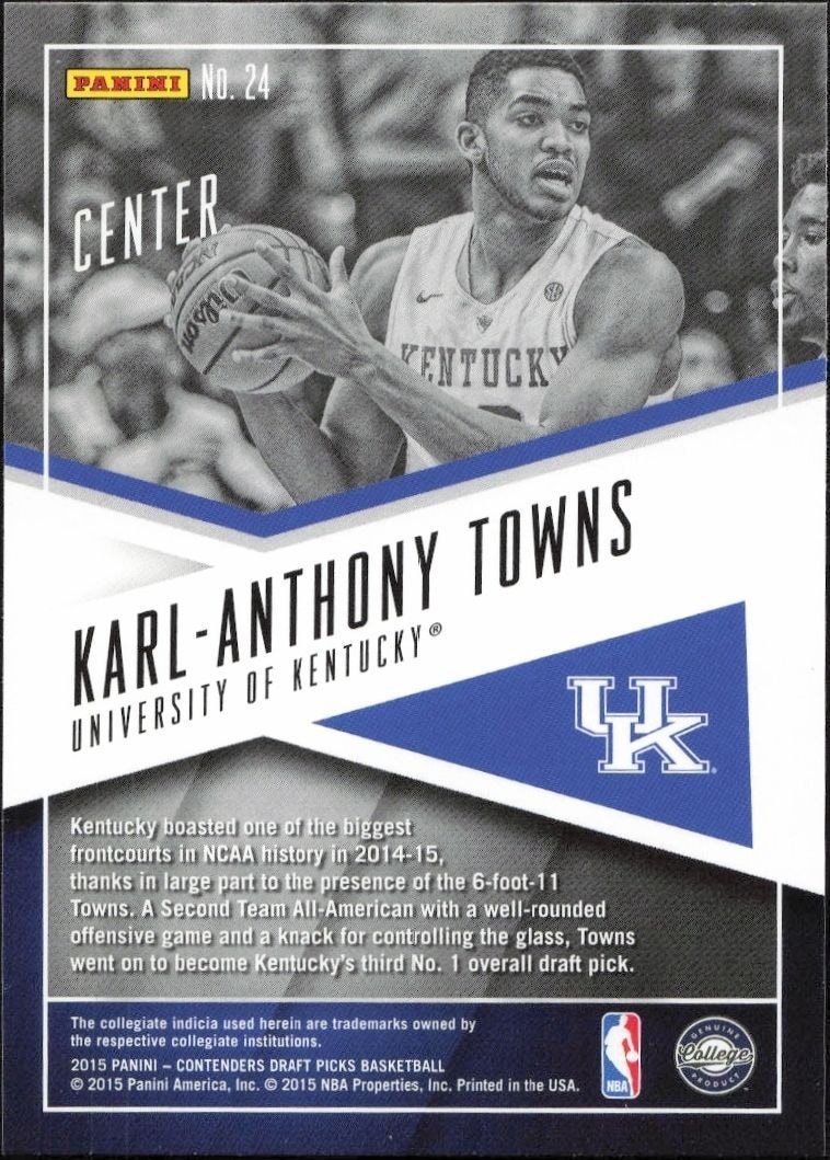 2015-16 Panini Contenders Draft Picks Karl-Anthony Towns #24 basketball trading card back