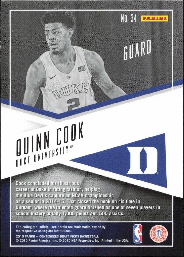 2015-16 Panini Contenders Draft Picks Quinn Cook #34 basketball trading card back