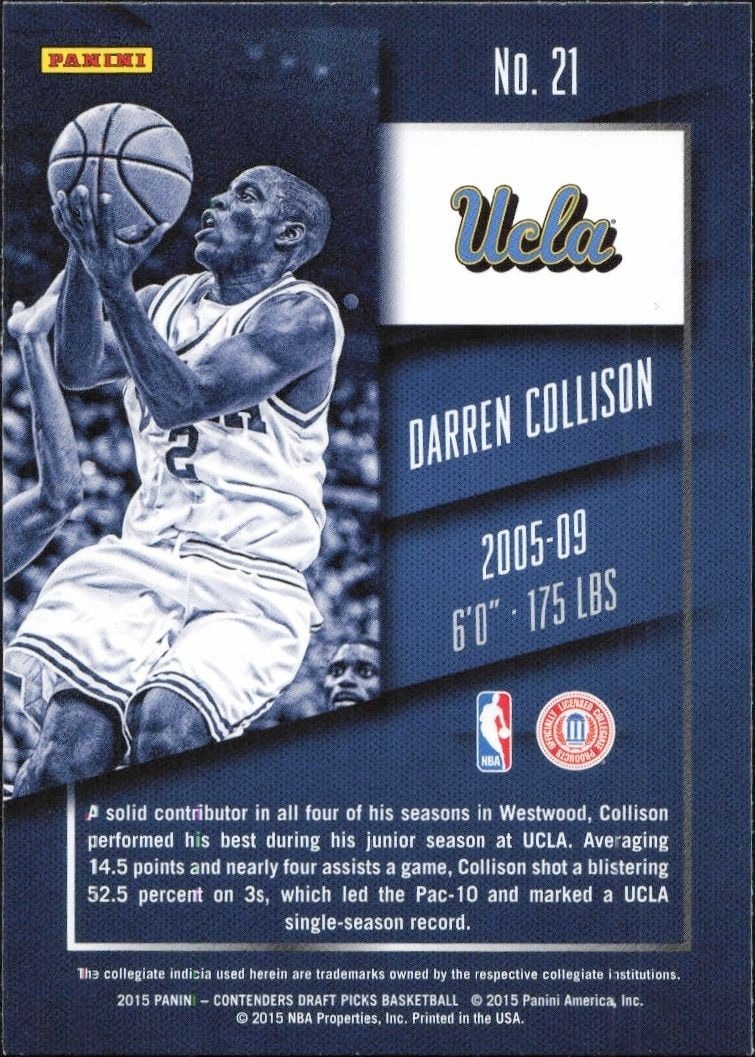 2015-16 Panini Contenders Draft Picks Darren Collison #21 basketball trading card back
