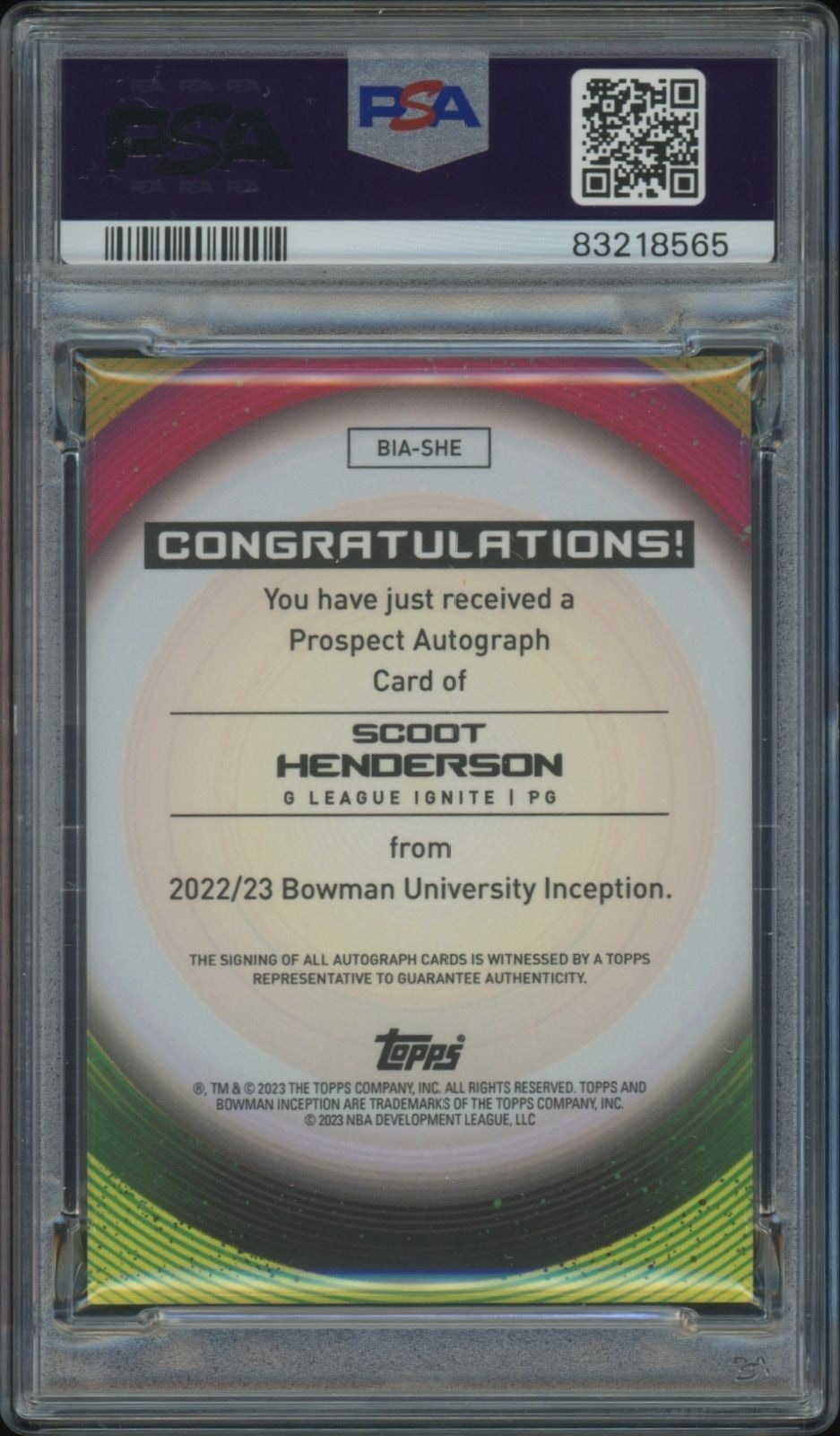 2022-23 Bowman University Inception Scoot Henderson #BIA-SHE basketball trading card back