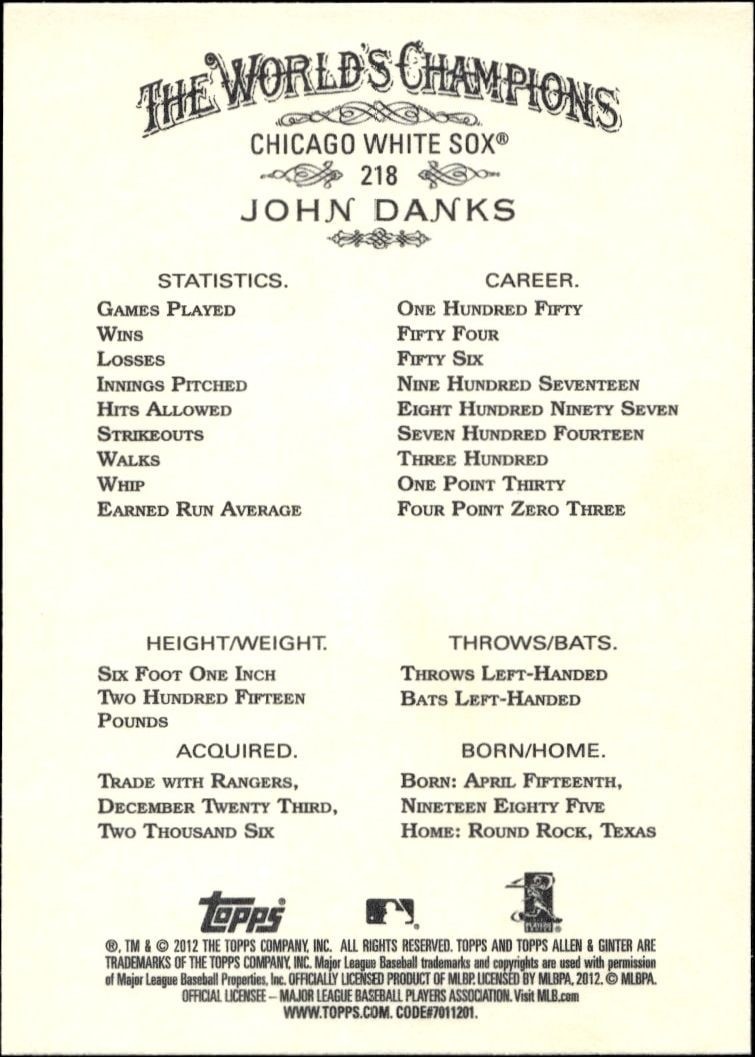 2012 Topps Allen & Ginter John Danks #218 baseball trading card back