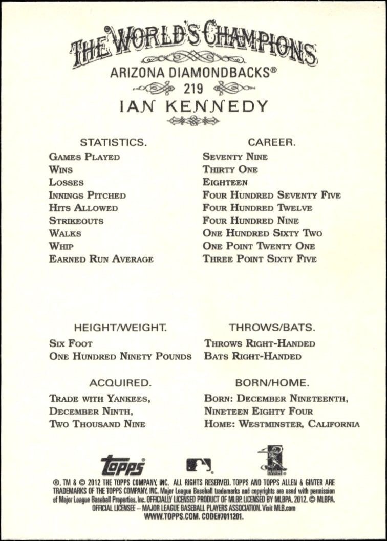 2012 Topps Allen & Ginter Ian Kennedy #219 baseball trading card back