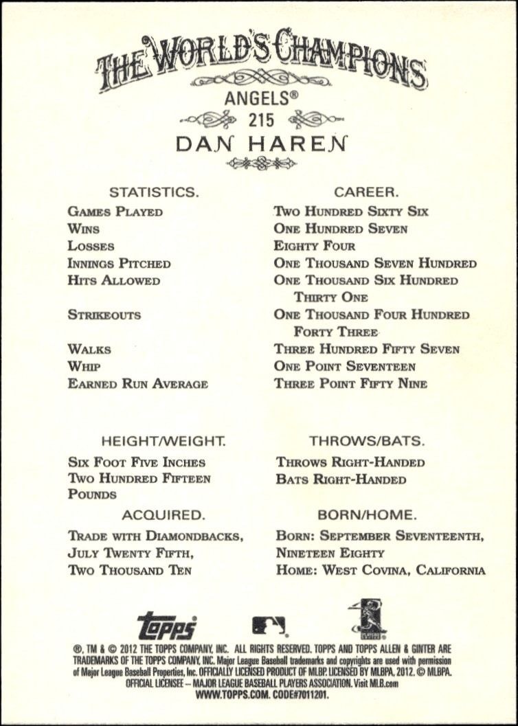 2012 Topps Allen & Ginter Dan Haren #215 baseball trading card back