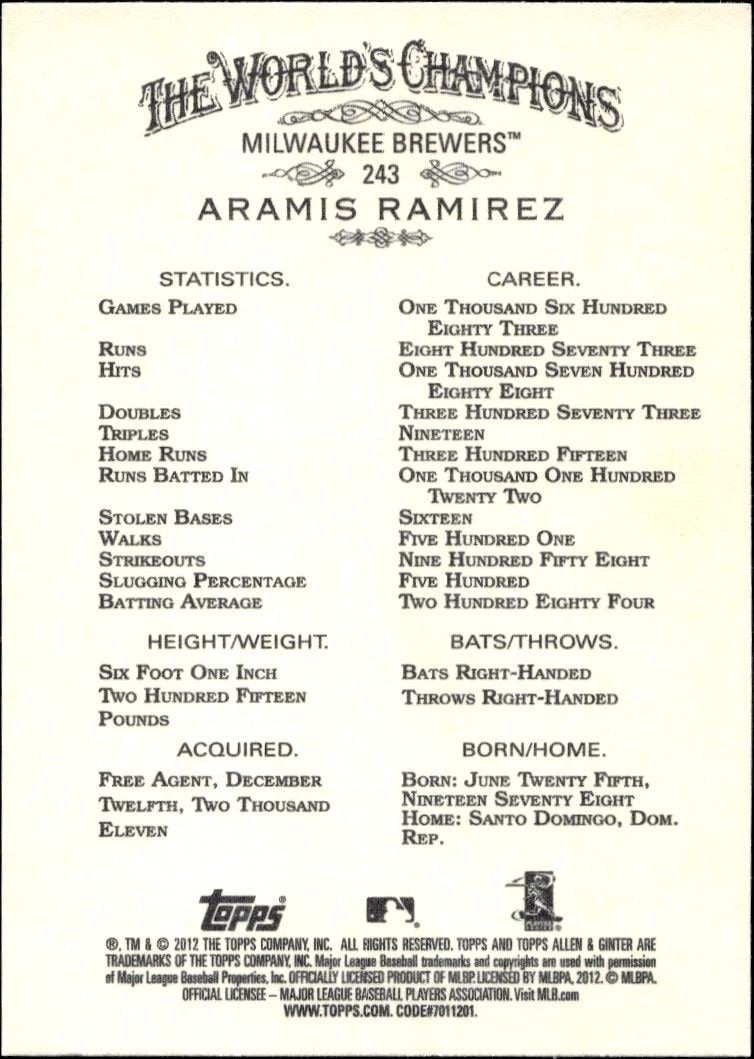 2012 Topps Allen & Ginter Aramis Ramirez #243 baseball trading card back