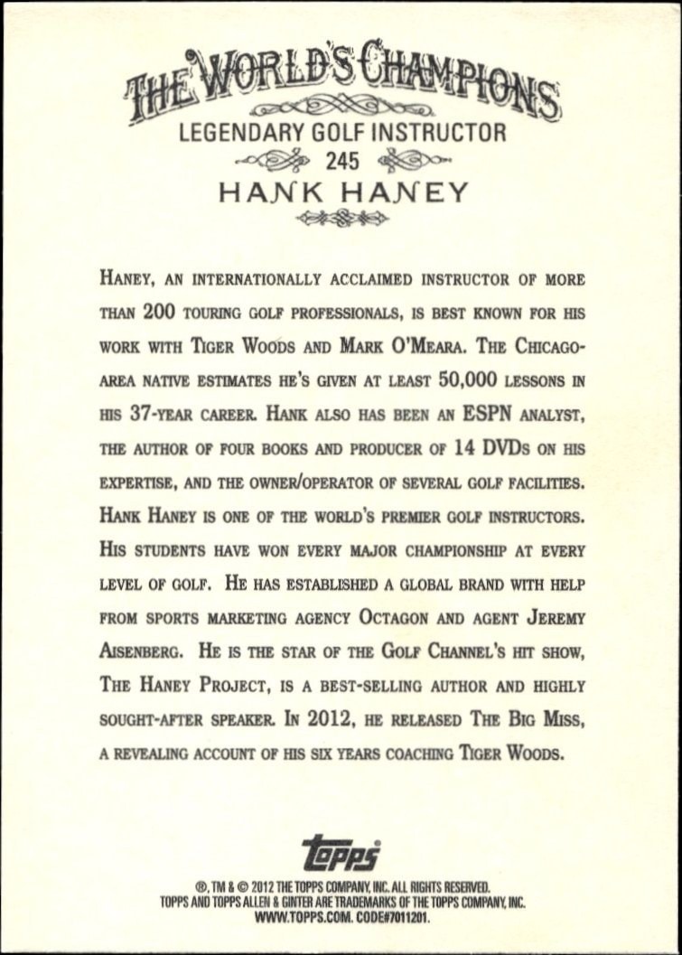 2012 Topps Allen & Ginter Hank Haney #245 baseball trading card back