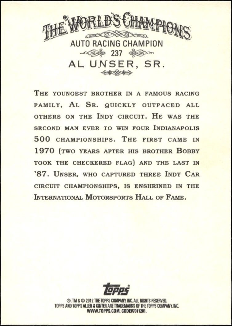 2012 Topps Allen & Ginter Al Unser #237 baseball trading card back