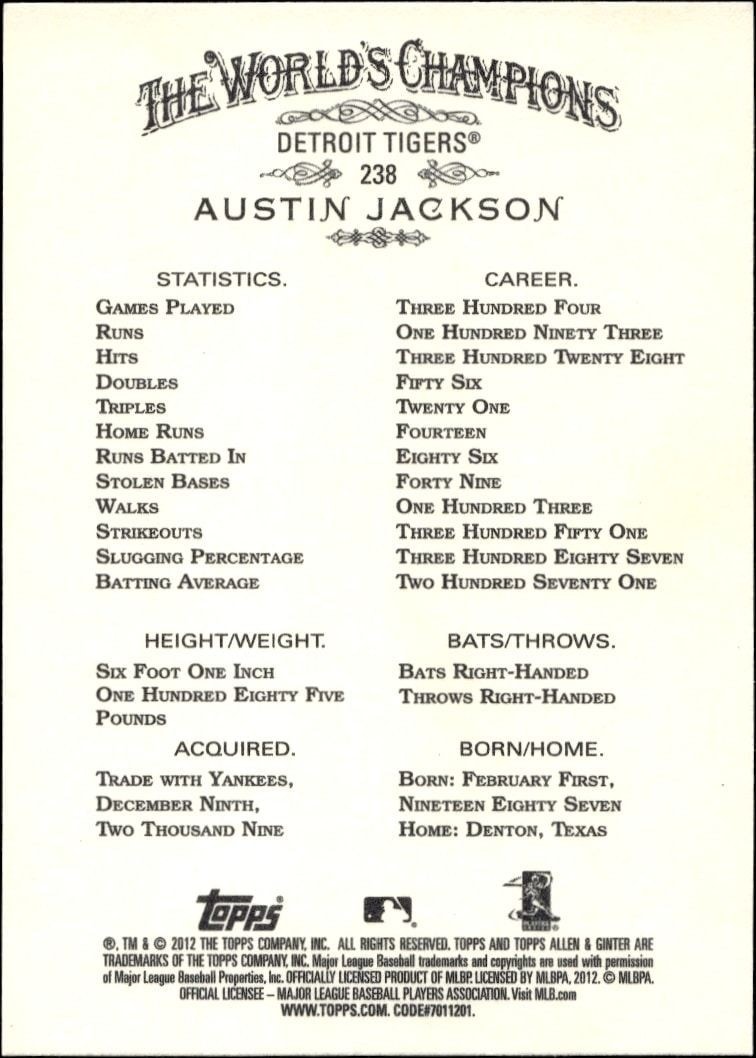 2012 Topps Allen & Ginter Austin Jackson #238 baseball trading card back
