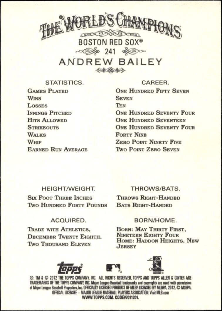 2012 Topps Allen & Ginter Andrew Bailey #241 baseball trading card back