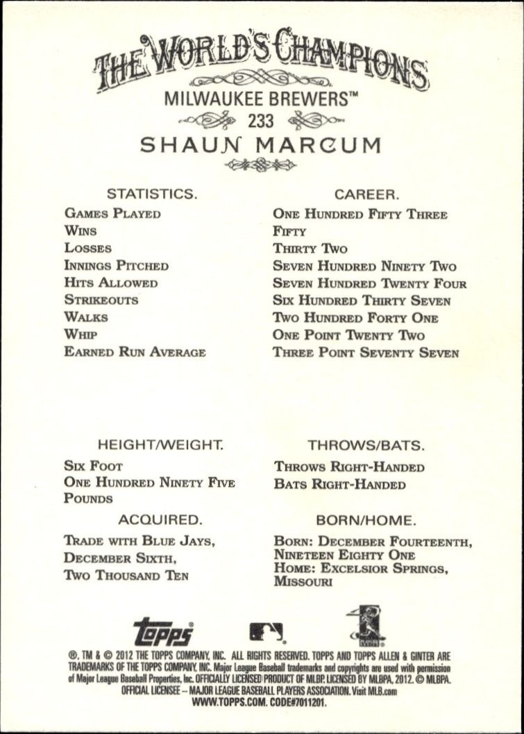 2012 Topps Allen & Ginter Shaun Marcum #233 baseball trading card back