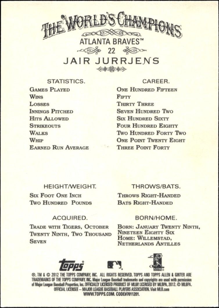 2012 Topps Allen & Ginter Jair Jurrjens #22 baseball trading card back