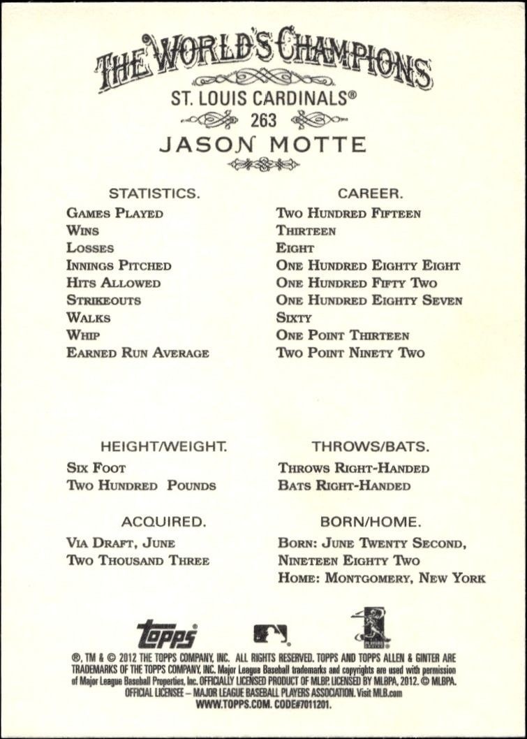 2012 Topps Allen & Ginter Jason Motte #263 baseball trading card back