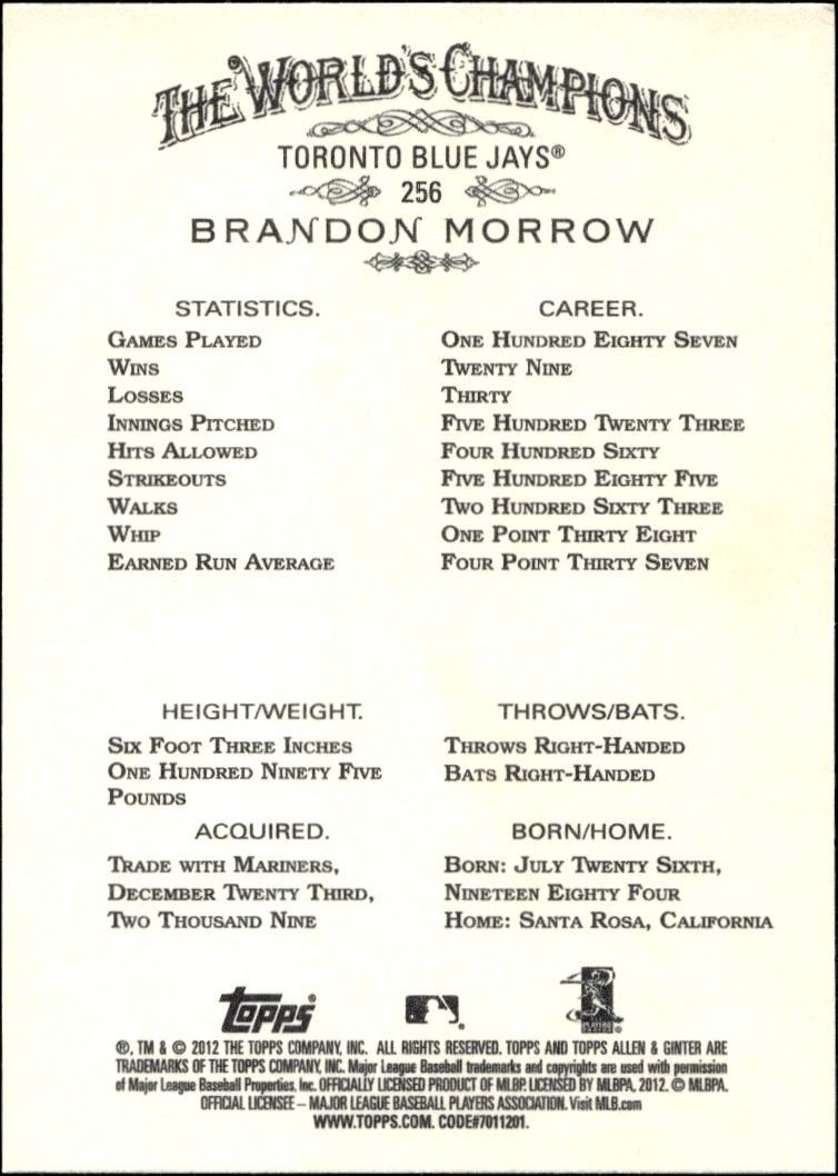 2012 Topps Allen & Ginter Brandon Morrow #256 baseball trading card back