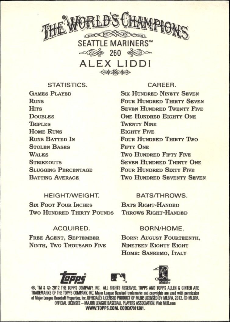 2012 Topps Allen & Ginter Alex Liddi #260 baseball trading card back