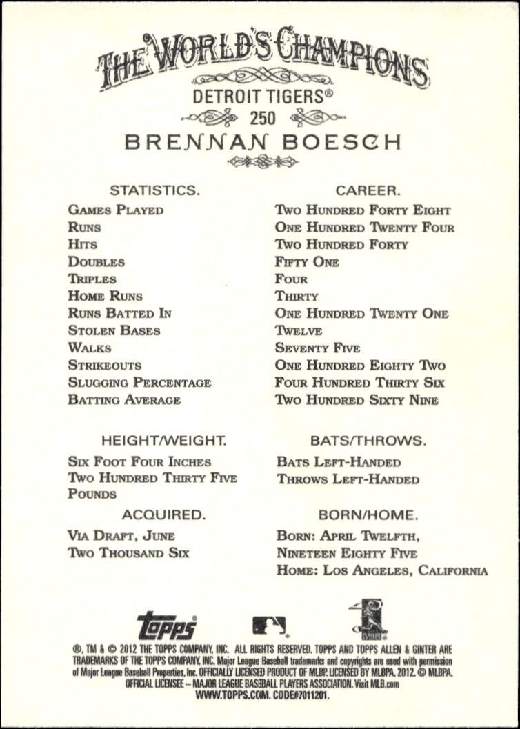 2012 Topps Allen & Ginter Brennan Boesch #250 baseball trading card back