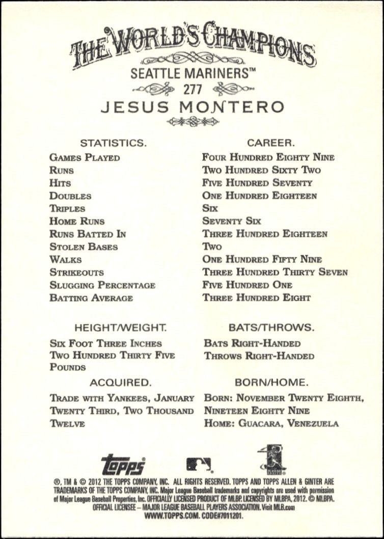 2012 Topps Allen & Ginter Jesus Montero #277 baseball trading card back