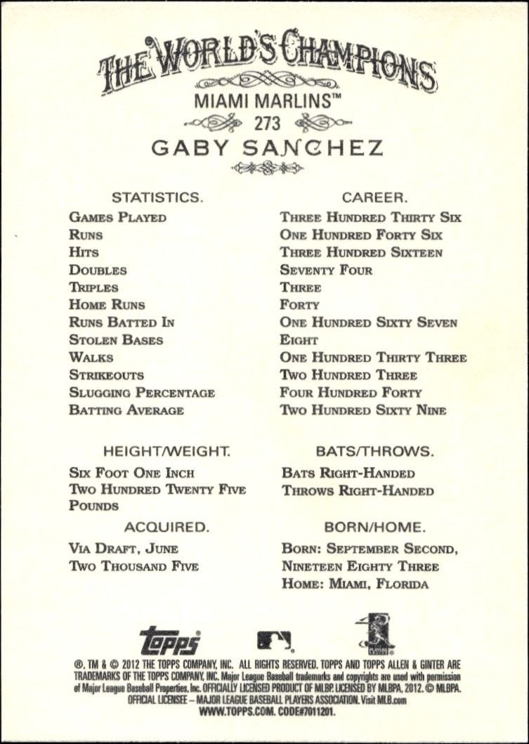 2012 Topps Allen & Ginter Gaby Sanchez #273 baseball trading card back