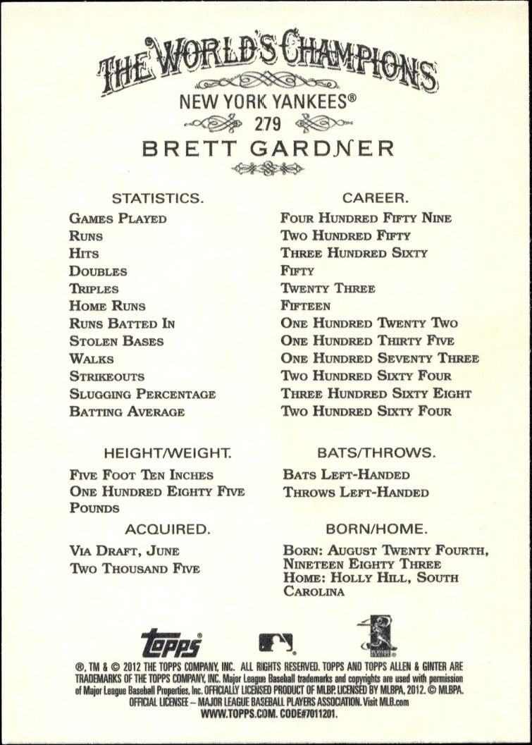 2012 Topps Allen & Ginter Brett Gardner #279 baseball trading card back