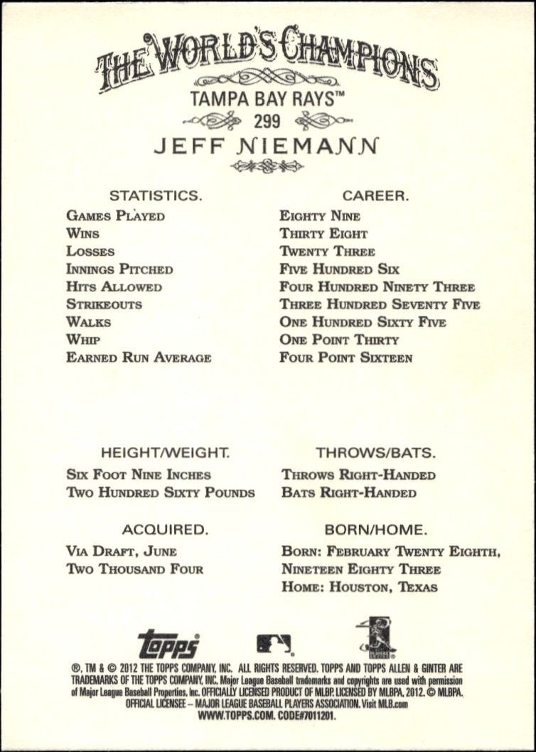 2012 Topps Allen & Ginter Jeff Niemann #299 baseball trading card back