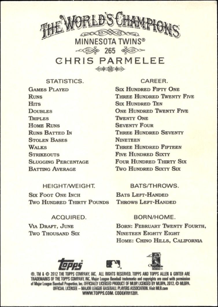 2012 Topps Allen & Ginter Chris Parmelee #265 baseball trading card back