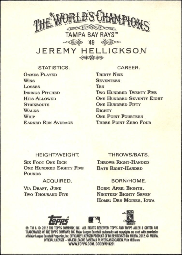 2012 Topps Allen & Ginter Jeremy Hellickson #49 baseball trading card back