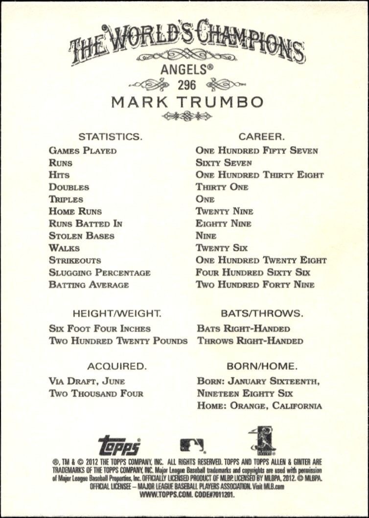 2012 Topps Allen & Ginter Mark Trumbo #296 baseball trading card back