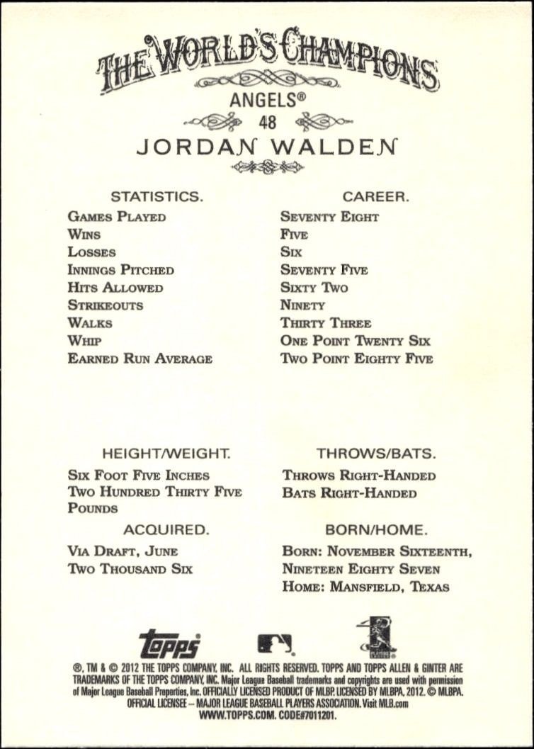 2012 Topps Allen & Ginter Jordan Walden #48 baseball trading card back