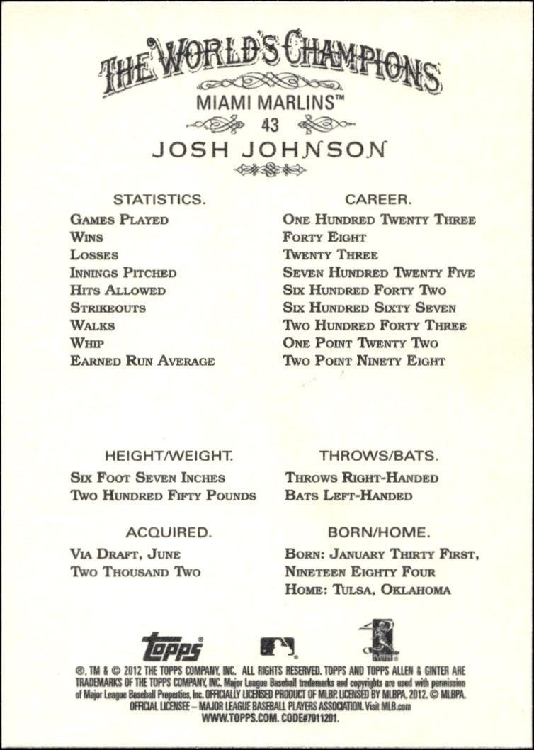2012 Topps Allen & Ginter Josh Johnson #43 baseball trading card back