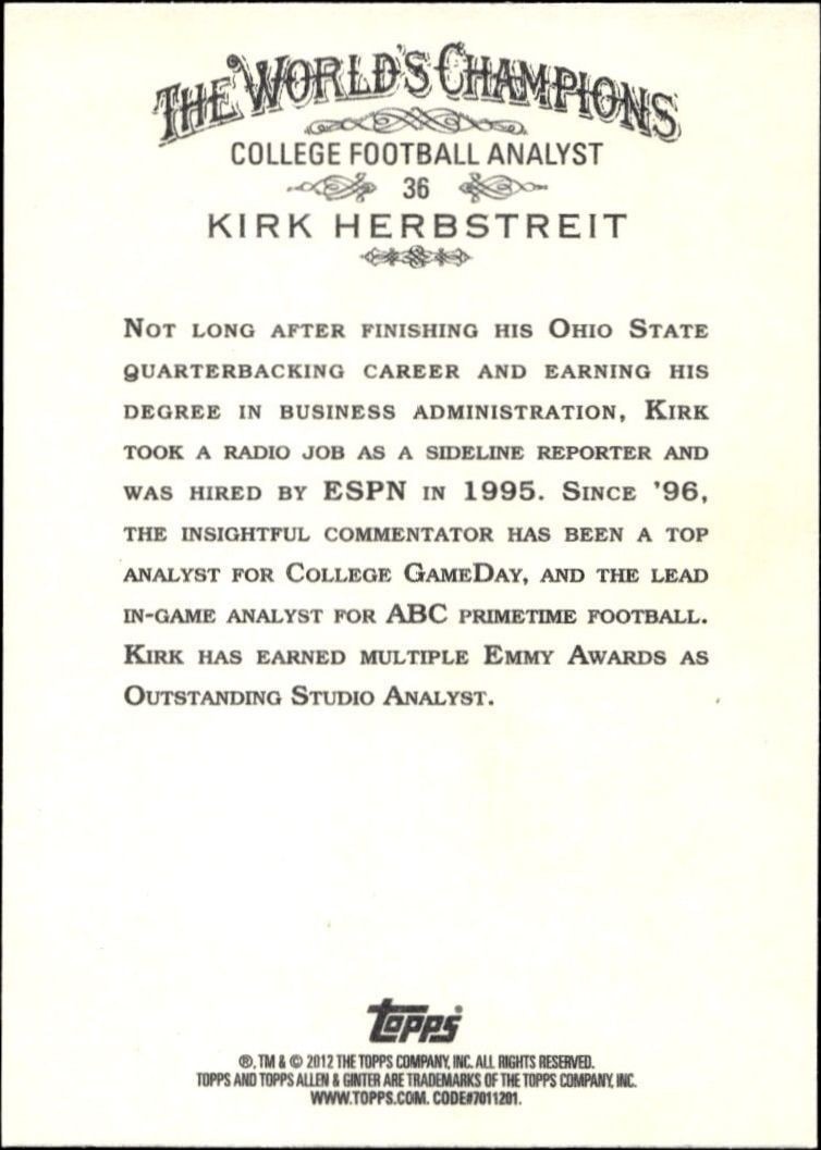 2012 Topps Allen & Ginter Kirk Herbstreit #36 baseball trading card back
