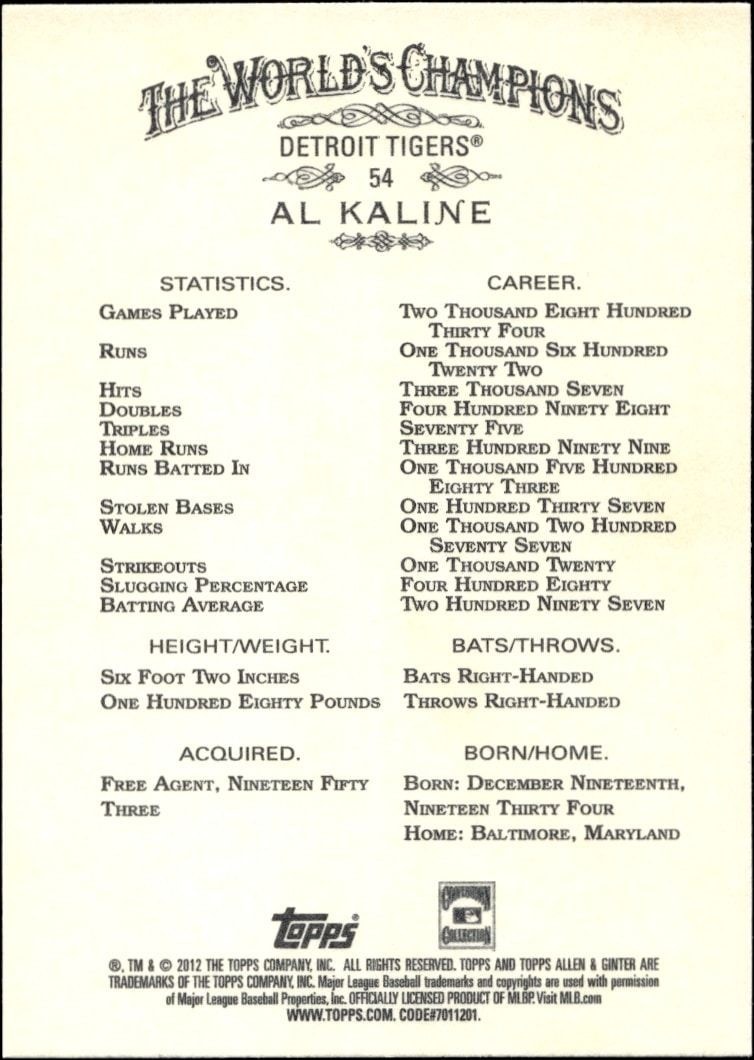 2012 Topps Allen & Ginter Al Kaline #54 baseball trading card back