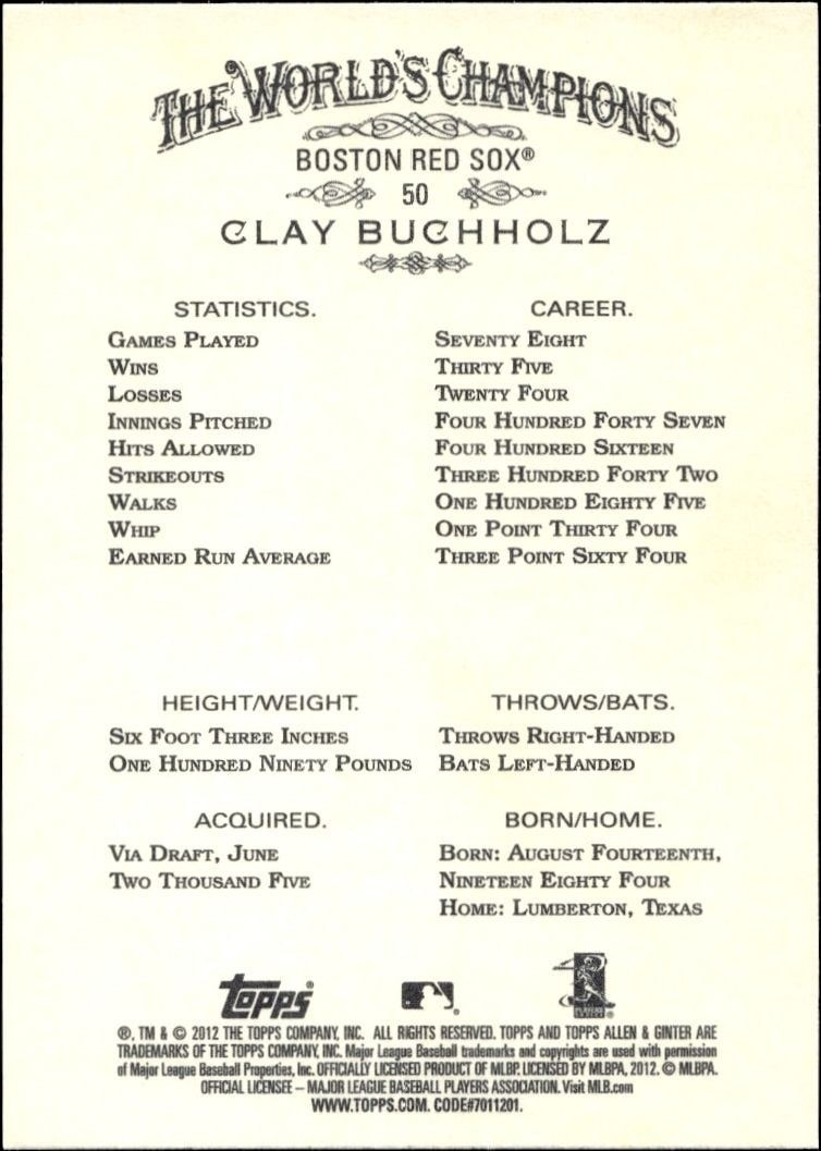2012 Topps Allen & Ginter Clay Buchholz #50 baseball trading card back