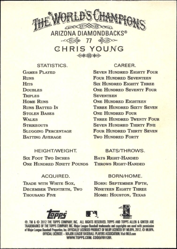 2012 Topps Allen & Ginter Chris Young #77 baseball trading card back