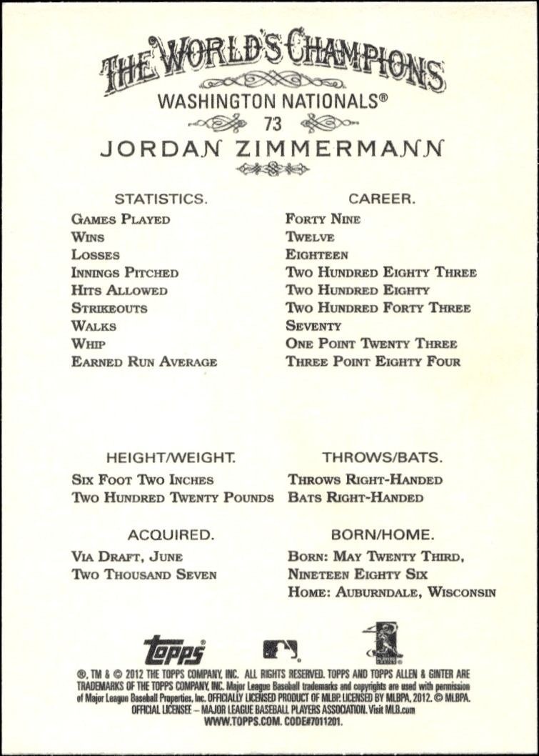 2012 Topps Allen & Ginter Jordan Zimmermann #73 baseball trading card back