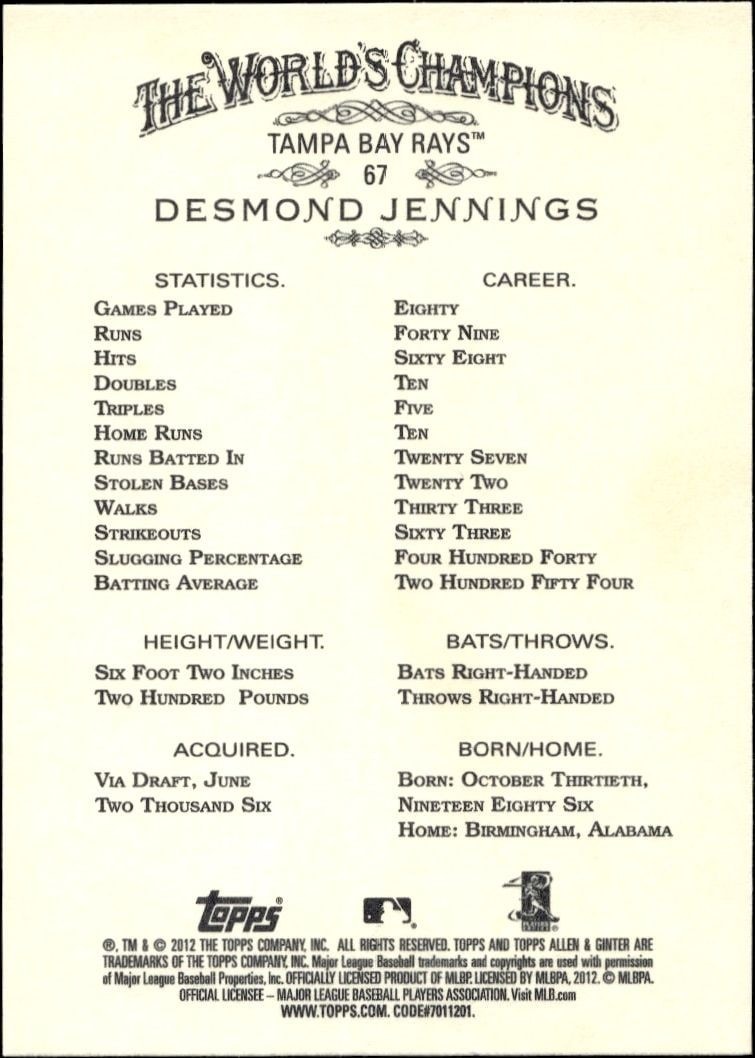 2012 Topps Allen & Ginter Desmond Jennings #67 baseball trading card back