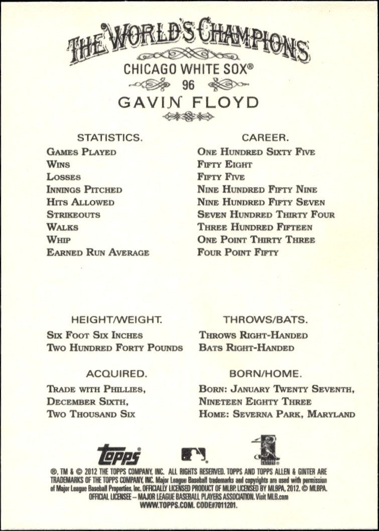 2012 Topps Allen & Ginter Gavin Floyd #96 baseball trading card back