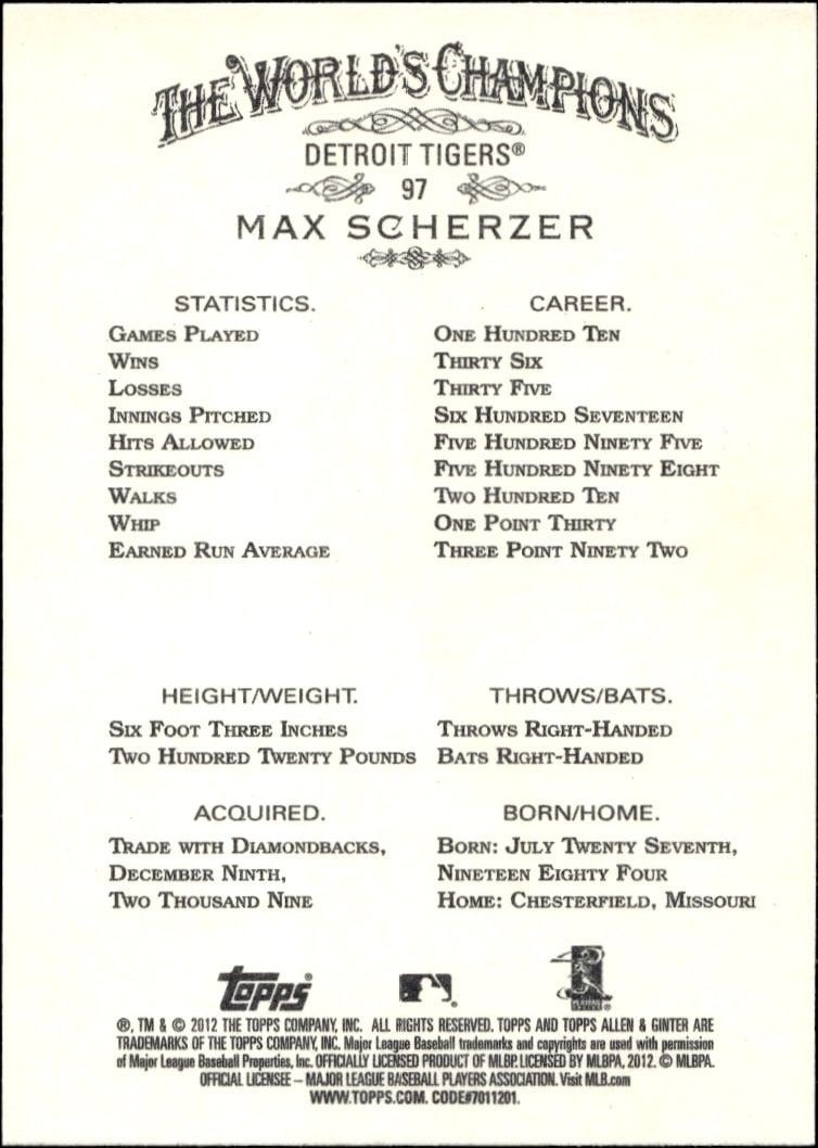 2012 Topps Allen & Ginter Max Scherzer #97 baseball trading card back