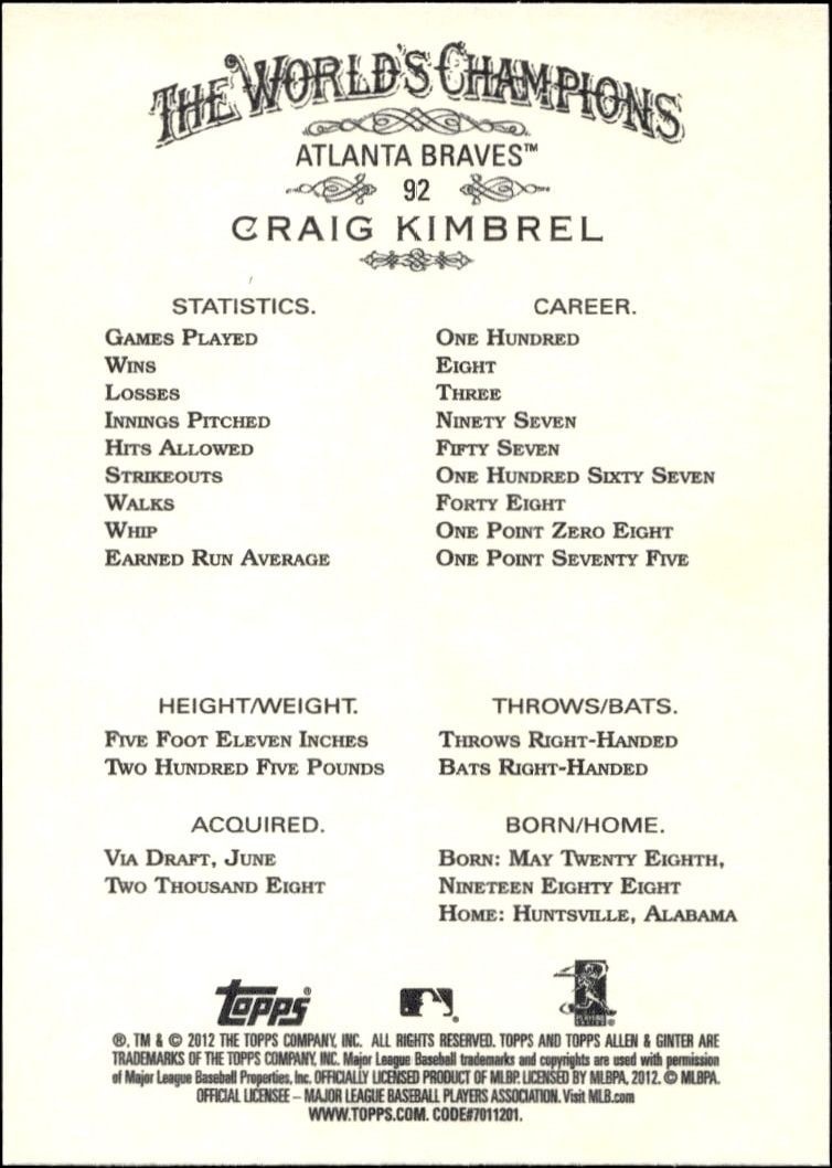 2012 Topps Allen & Ginter Craig Kimbrel #92 baseball trading card back