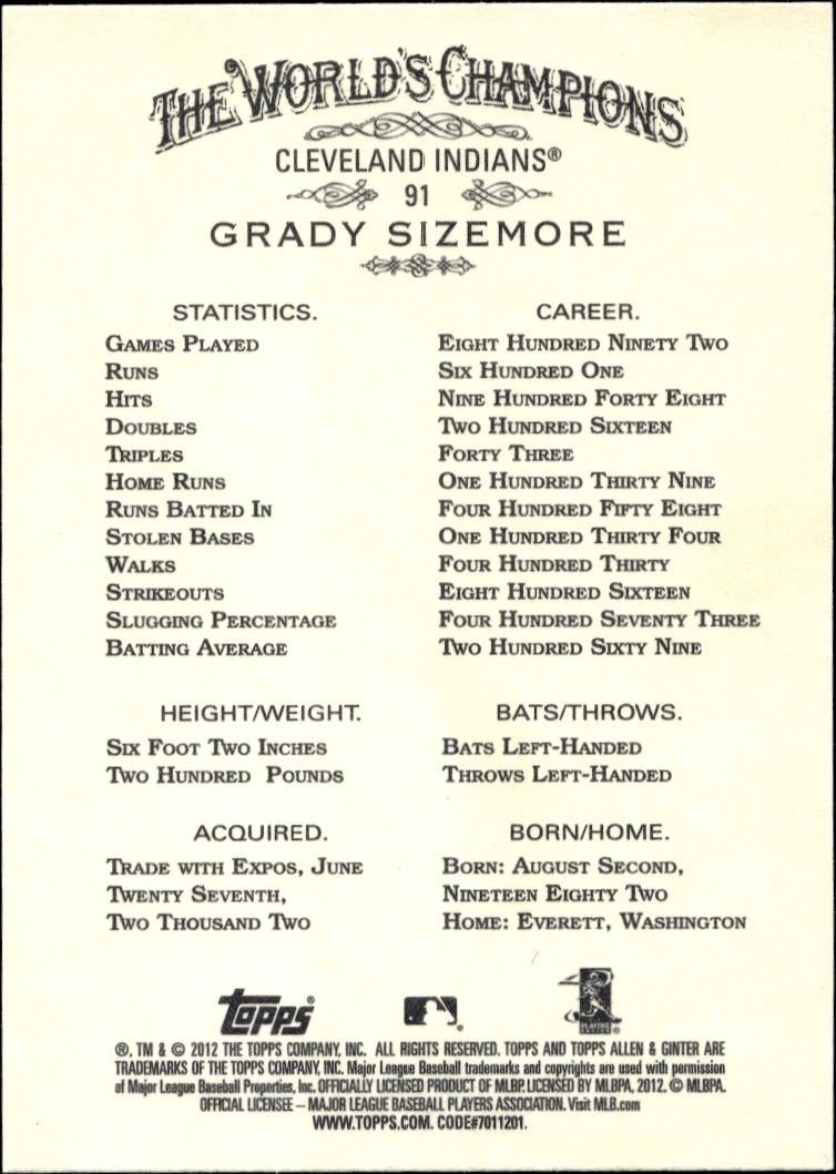 2012 Topps Allen & Ginter Grady Sizemore #91 baseball trading card back