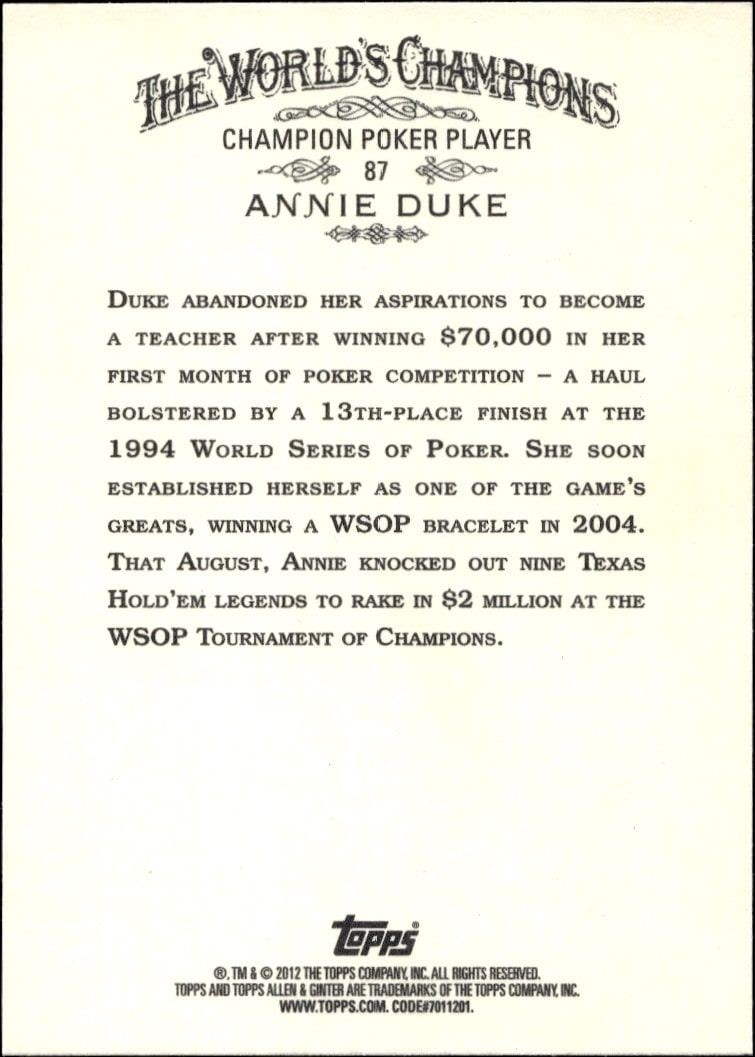 2012 Topps Allen & Ginter Annie Duke #87 baseball trading card back
